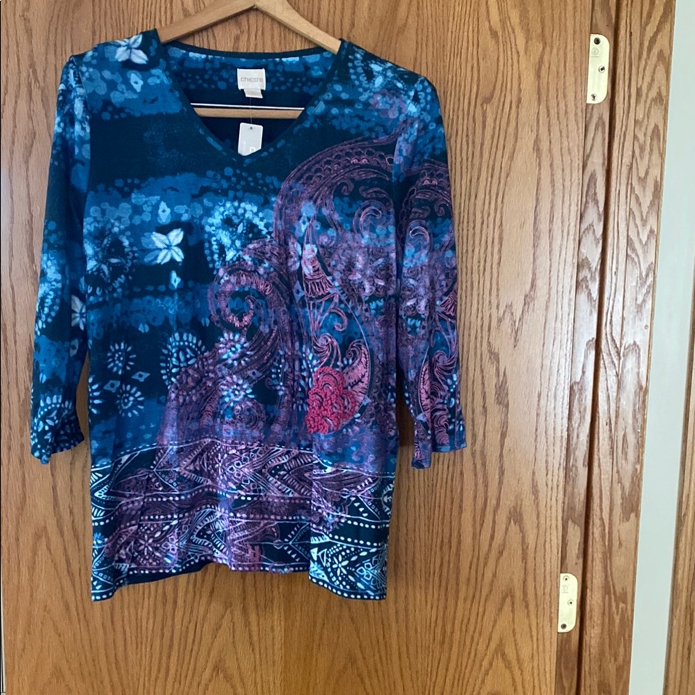Chico's Blue and Purple Graphic 3/4 Sleeve Blouse
